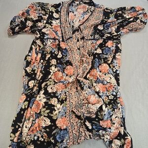 Romantic Gypsy Floral Kimono Shawl Boho Open Front Black Orange Blue 3X
